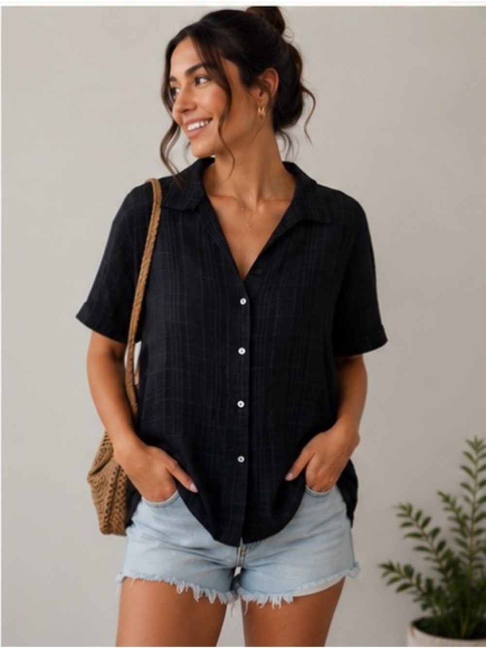BELLA DAHL Women’s M Black Textured Plaid Button Front Blouse